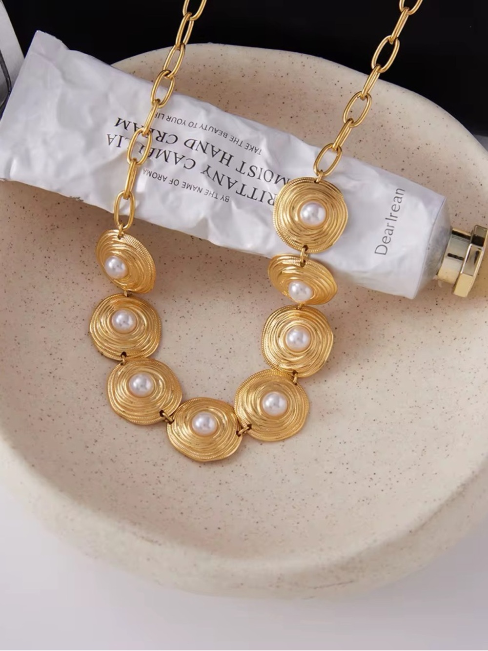 18K Gold Plated Pearl Medallion Statement Necklace - Picture 2 of 8